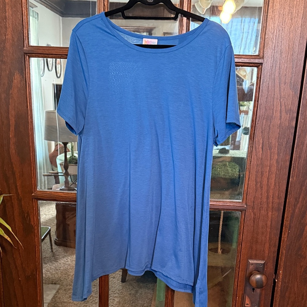 LuLaRoe Perfect T Blue Short Sleeve Sharkbite Hem Tunic Top‎ Womens XL Solid